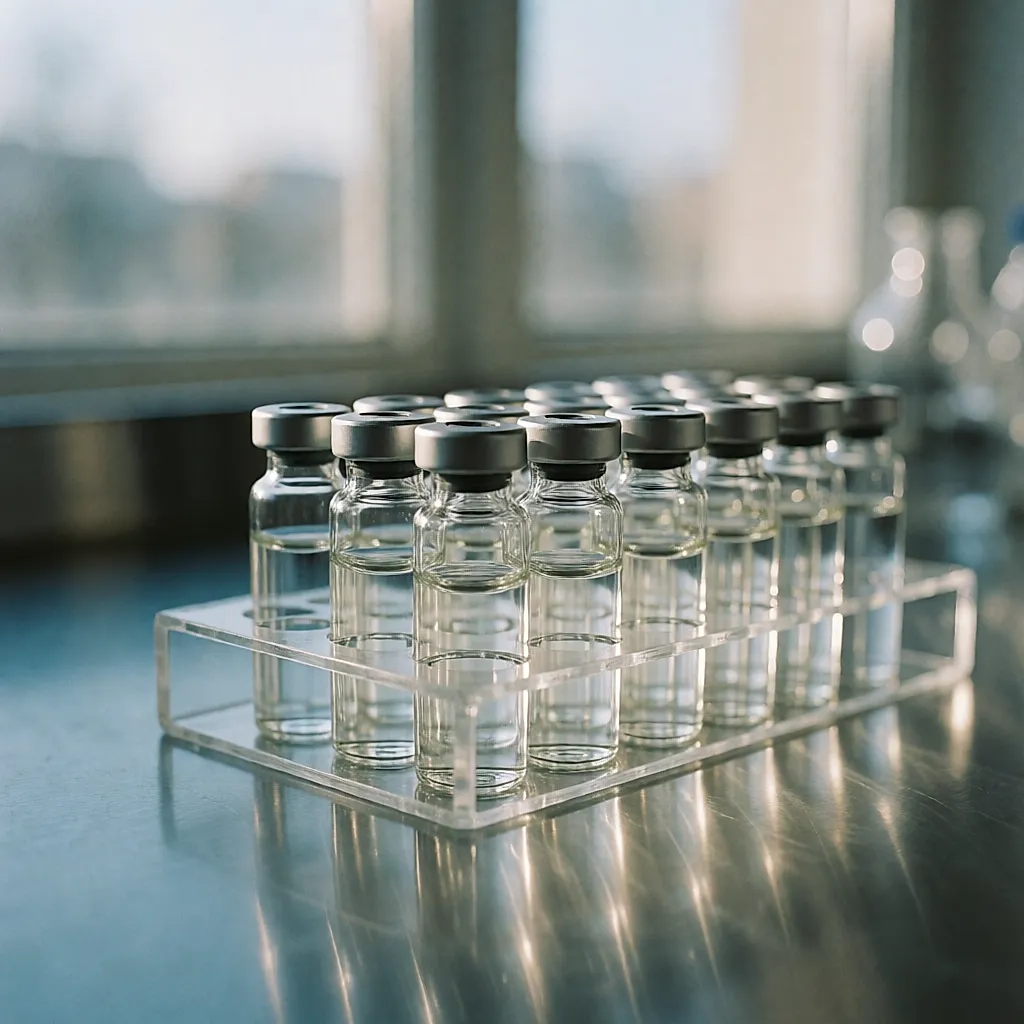 Joven investigadora con bata blanca trabajando en una mesa de laboratorio junto a una ventana