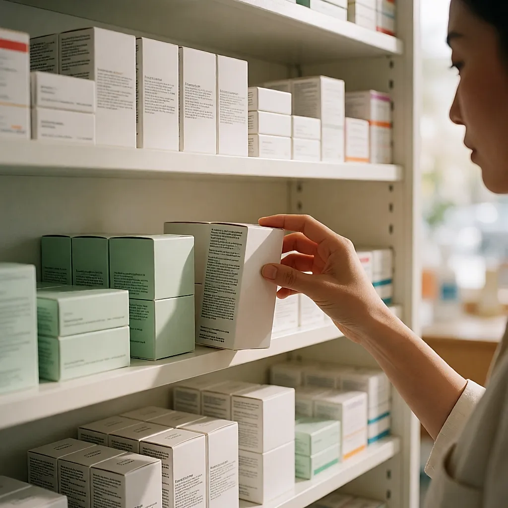 Farmacéutica tras su mostrador tendiendo una pequeña caja de medicamento sin marca