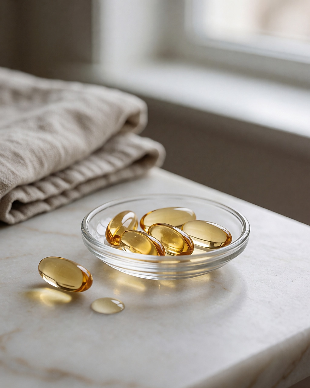 Capsules dorées d'huile de poisson dans une coupelle de verre posée sur un marbre pâle