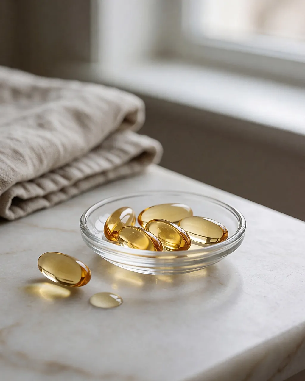 Goldene Fischöl-Kapseln in einer Glasschale auf hellem Marmor