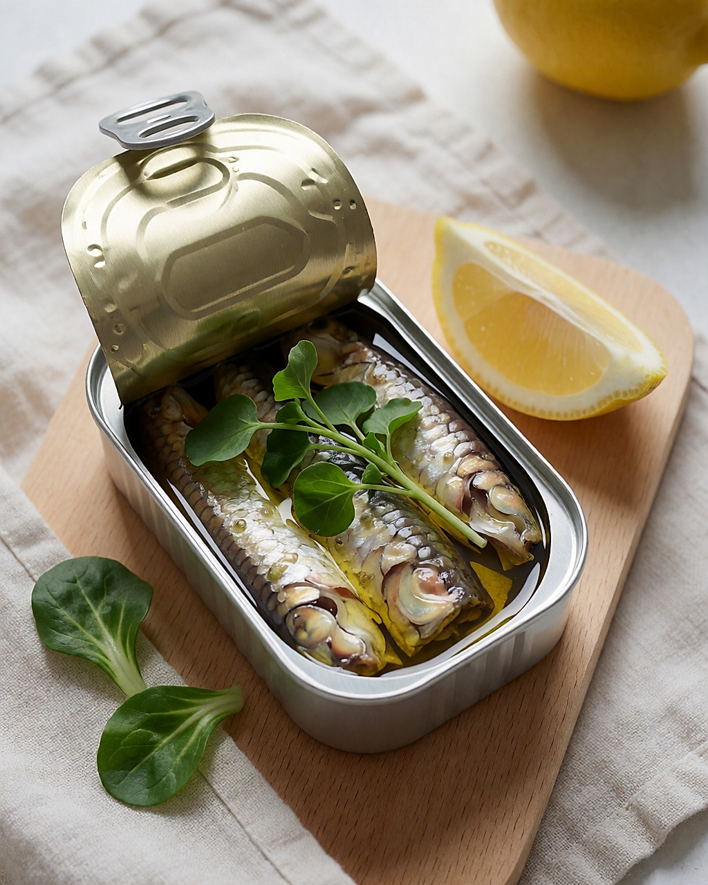 Boîte de sardines ouverte garnie de cresson et de mâche sur une planche en bois clair