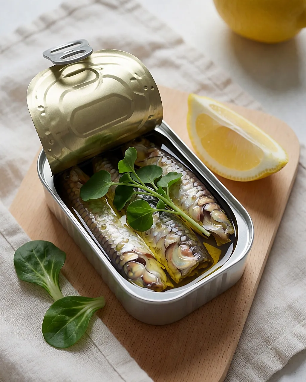 Geöffnete Sardinendose mit Brunnenkresse und Feldsalat auf einem hellen Holzbrett