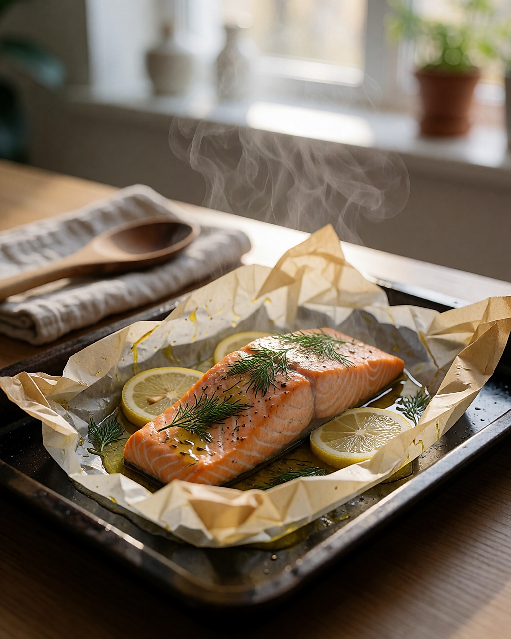 Saumon en papillote ouvert sur une plaque avec citron et aneth, légère vapeur qui s'échappe