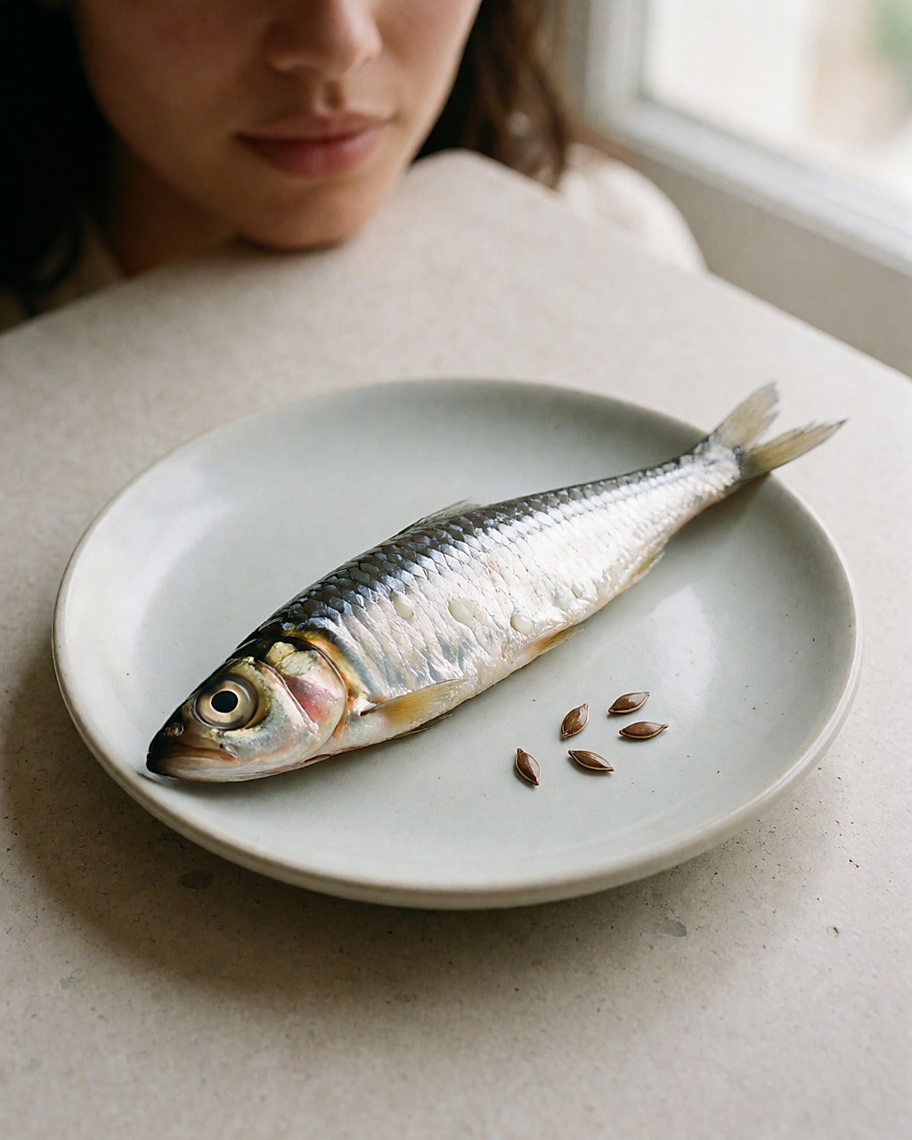 Gros plan d'une sardine fraîche et de quelques gouttes d'huile dorée sur une assiette en céramique