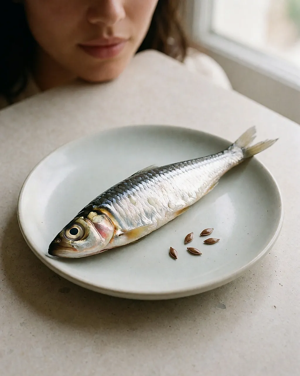 Nahaufnahme einer frischen Sardine und ein paar Tropfen goldenen Öls auf einem Keramikteller