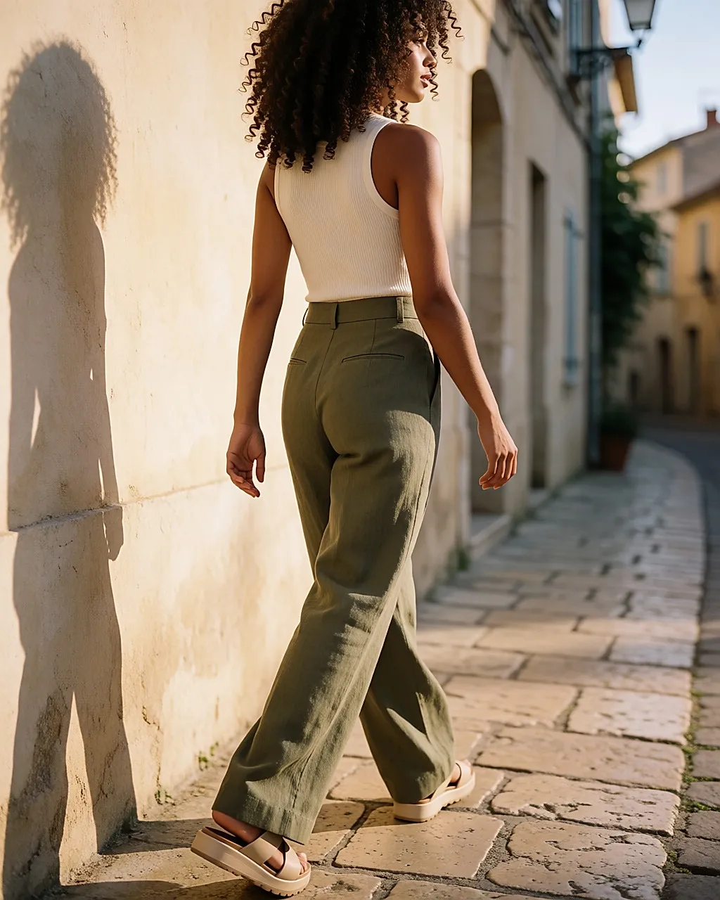 Back view of a high-waisted khaki wide-leg trouser with a fitted top and wedge sandals