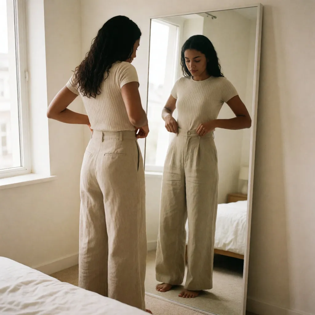 Young woman adjusting the high waist of wide-leg linen trousers in front of a mirror