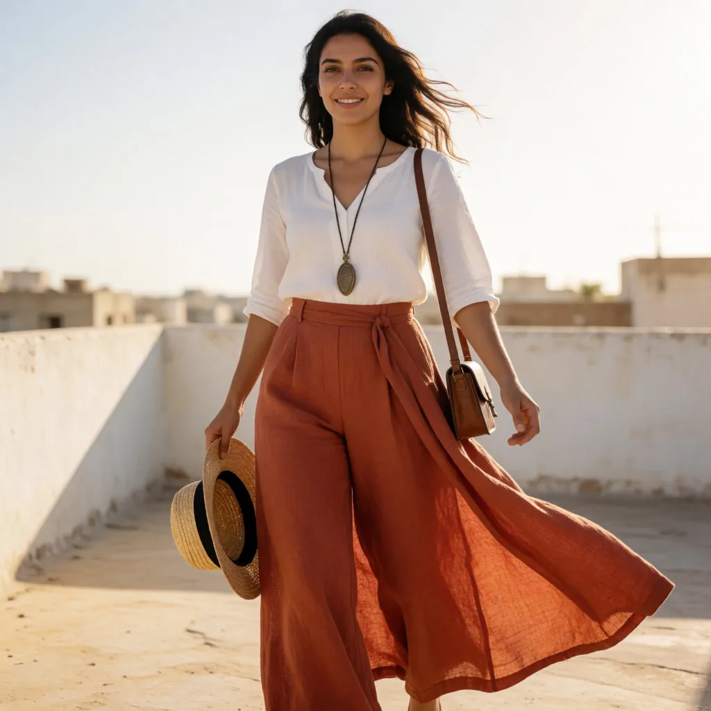 Young woman on a sunny terrace in terracotta linen trousers, a fitted blouse and a long pendant necklace