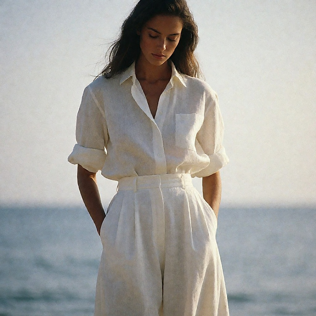 White linen trousers with a tie waist and large pockets, worn by the sea