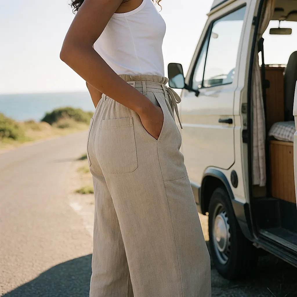 Sand-coloured Somewhere linen trousers being worn, with a tie waist and large pockets on show