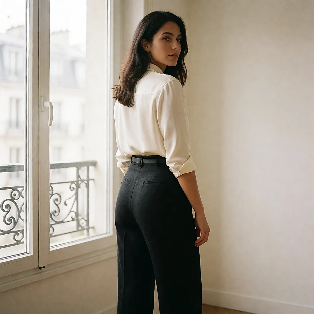 Black straight-leg 3 Suisses linen trousers being worn, with a belt through the loops and a clean back