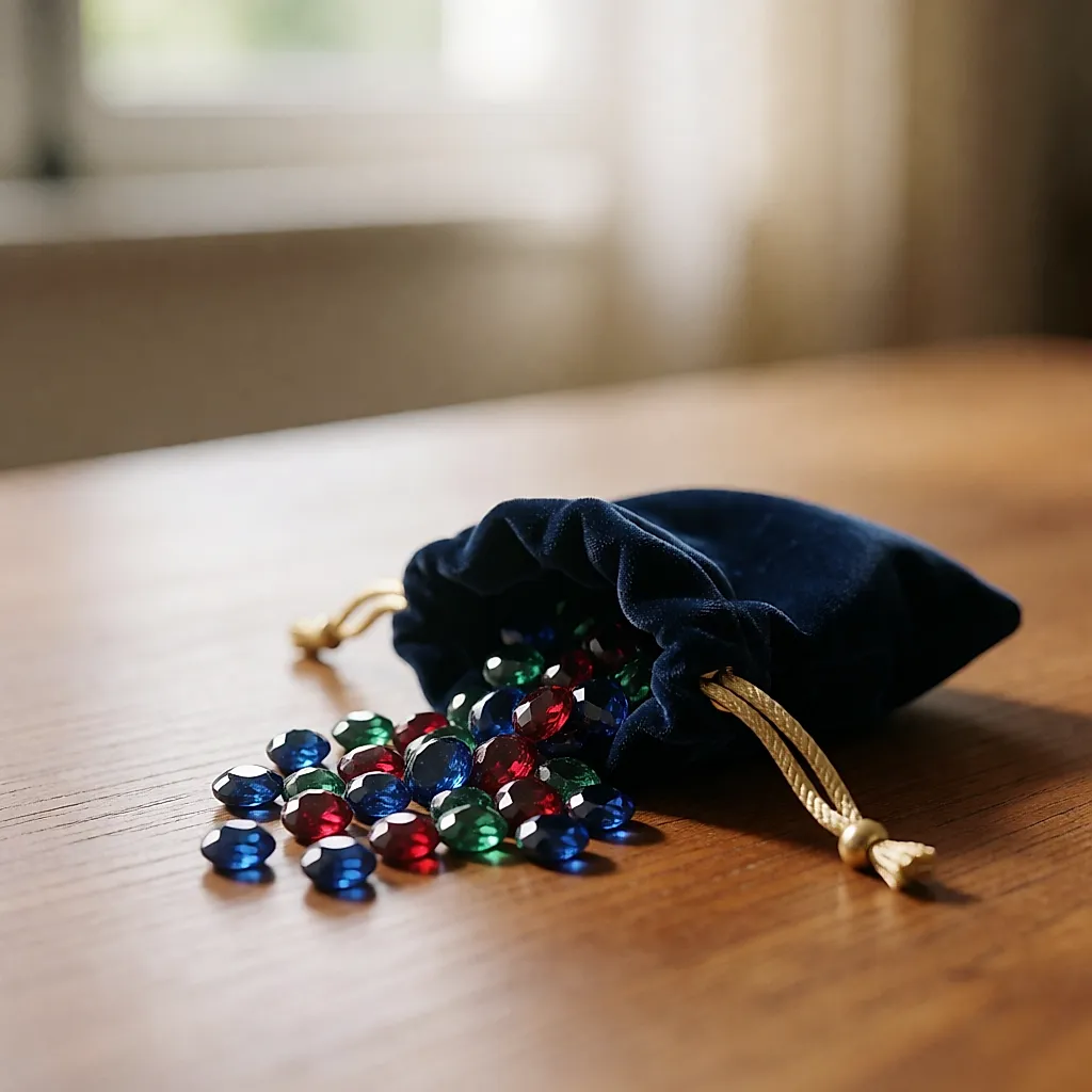 Petit sac en velours ouvert laissant échapper des pierres précieuses colorées