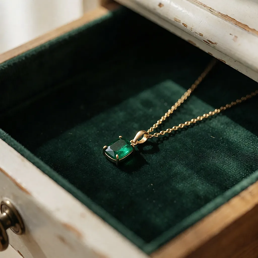 Pendentif émeraude sur une chaîne fine, posé sur du velours vert