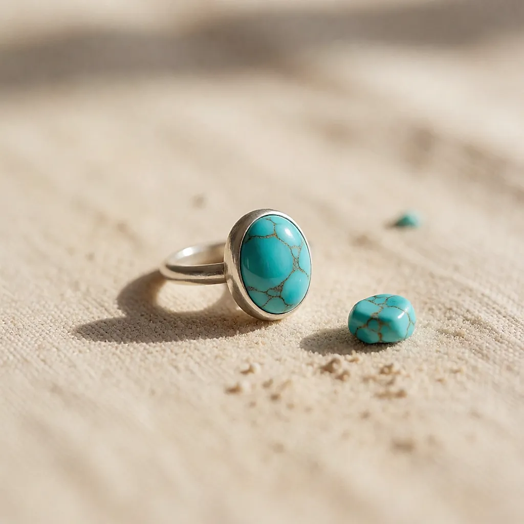 Bague en argent avec turquoise polie et petit morceau de turquoise brute