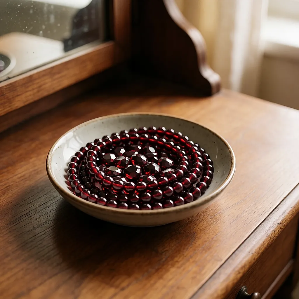 Perles et pierres de grenat rouge dans une petite coupelle en céramique
