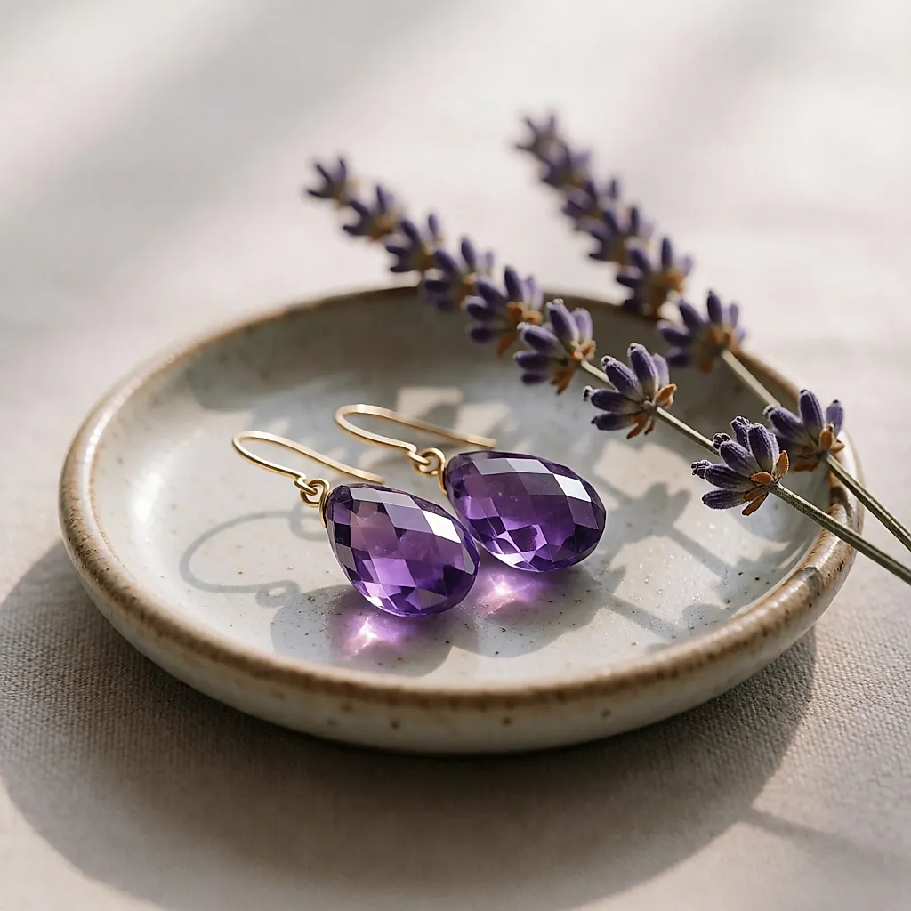 Boucles d'oreilles pendantes en améthyste sur une coupelle en grès