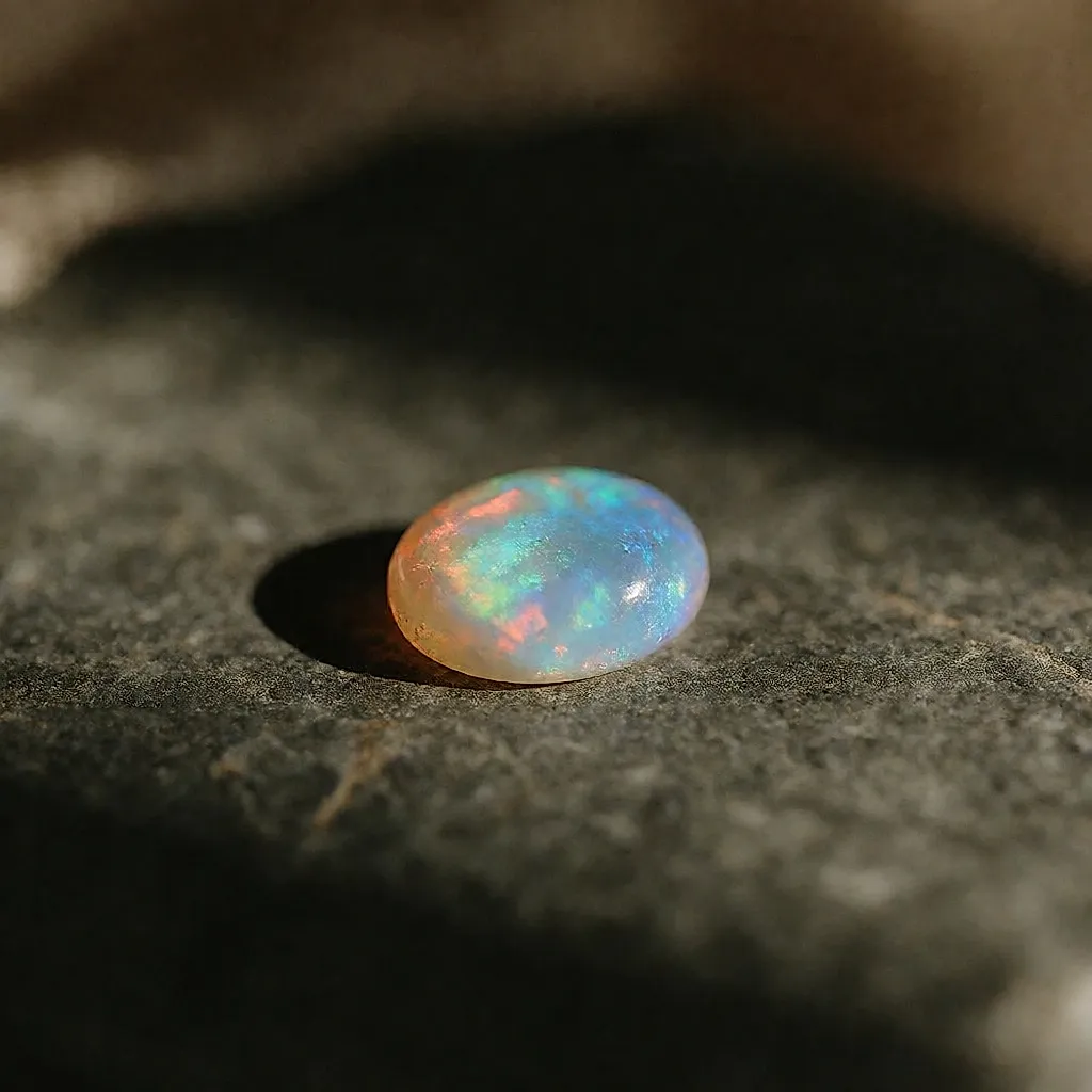 Cabochon d'opale aux reflets bleus et pêche sur une pierre grise