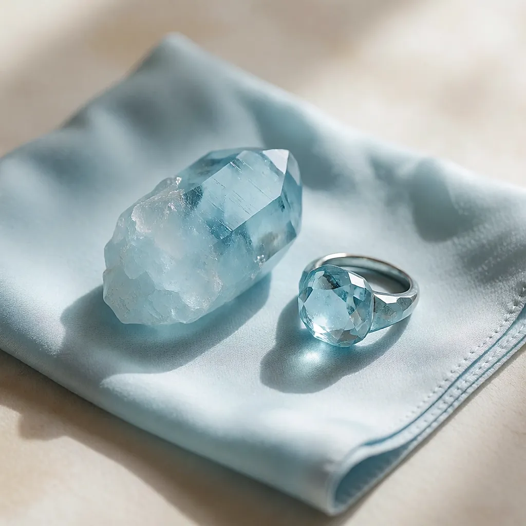 Cristal d'aigue-marine et bague taillée posés sur de la soie bleue