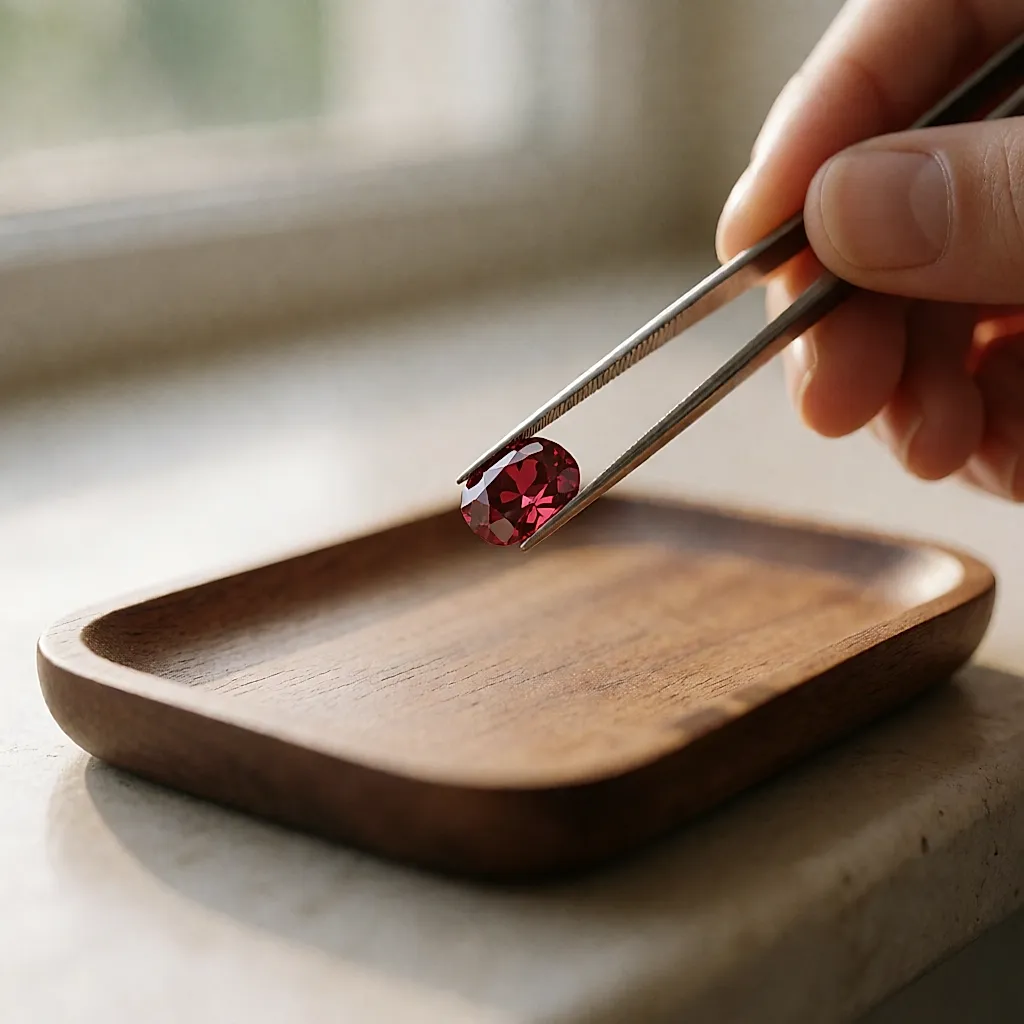 Rubis tenu par une pince fine au-dessus d'un plateau en bois