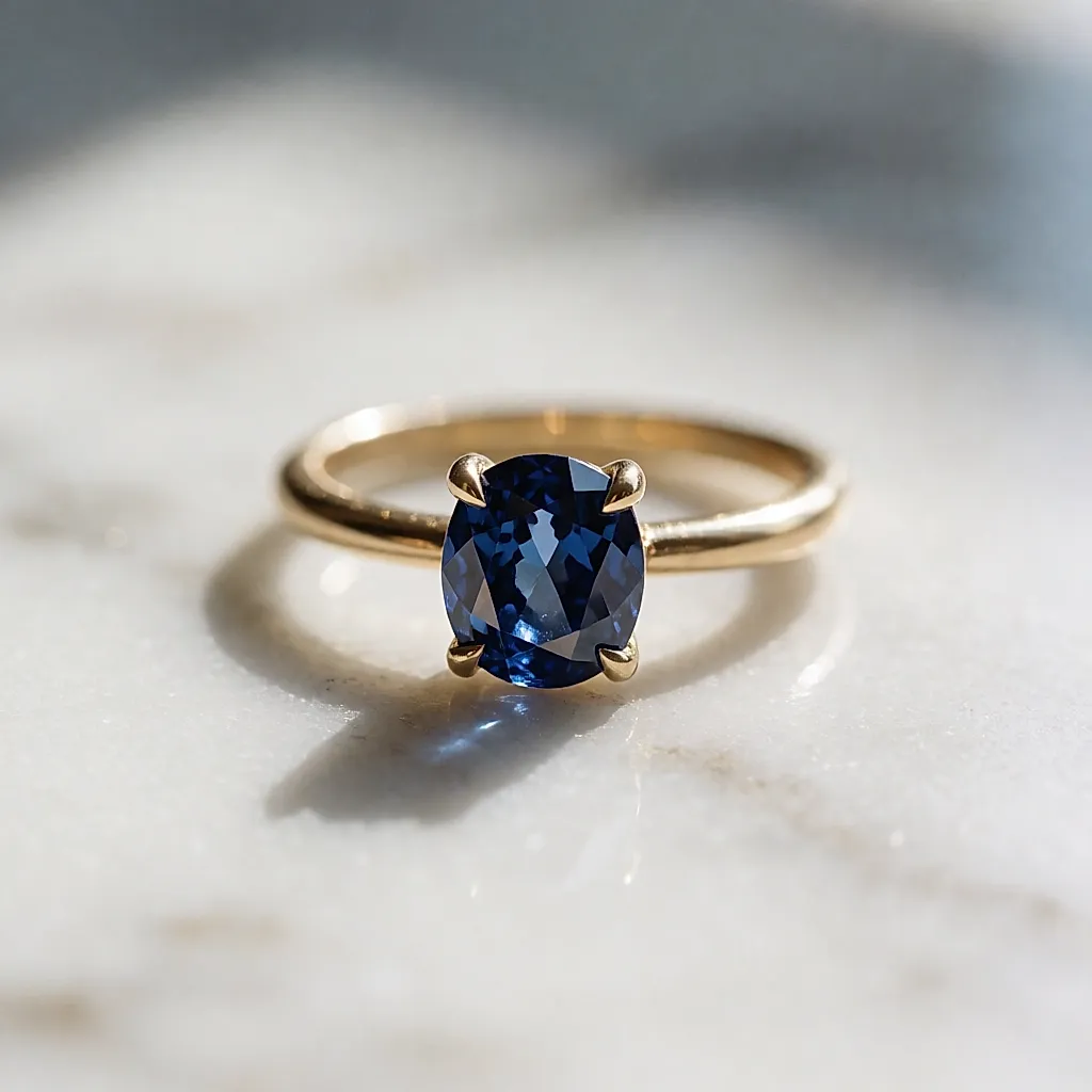 Bague en or avec saphir bleu profond posée sur du marbre blanc