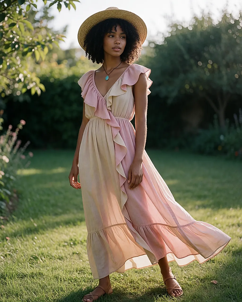 Robe longue à volants, chapeau de paille et collier turquoise en camaïeu poudré