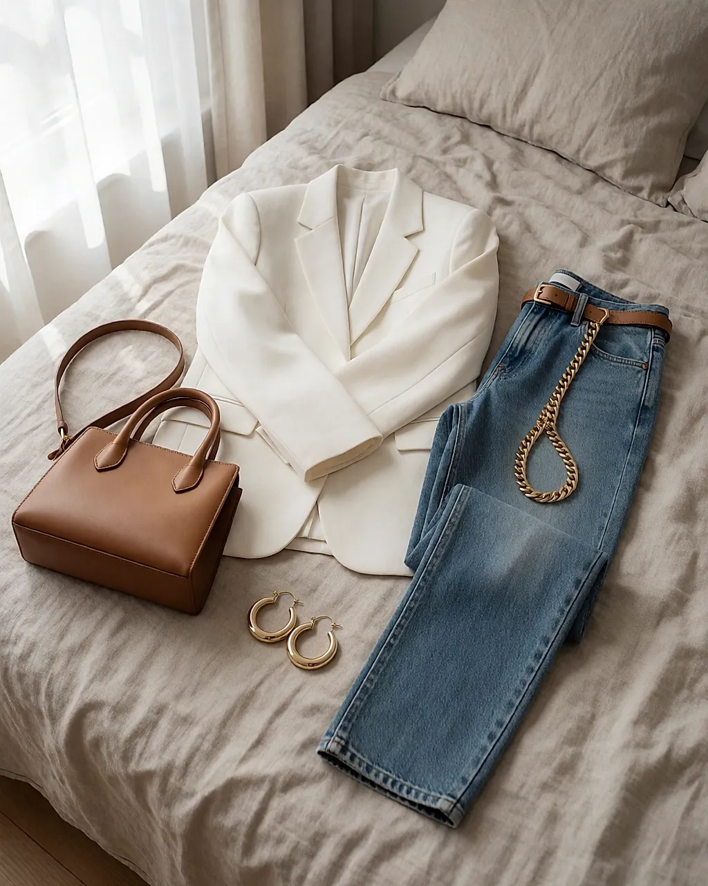 Blazer crème, jean brut, sac structuré et bijoux dorés réunis à plat