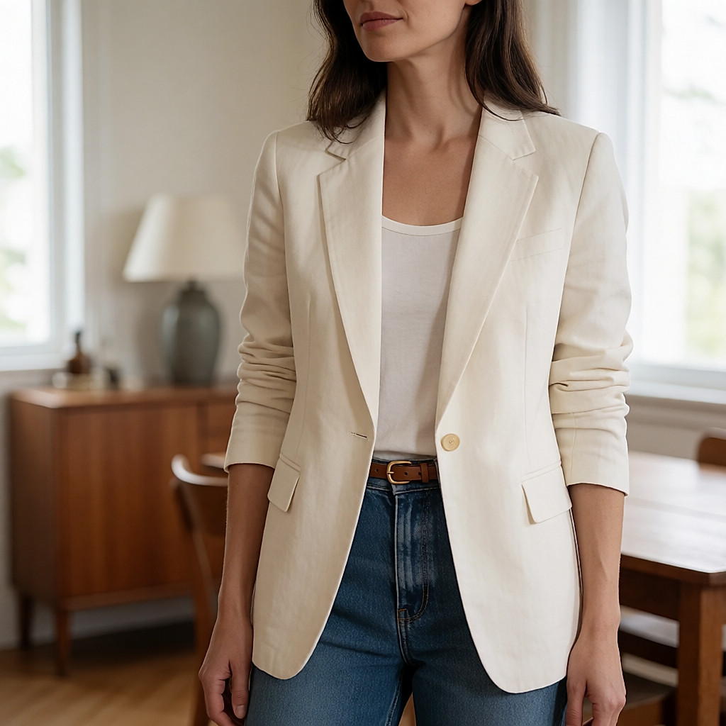 Blazer crème sur jean brut, réveillé par une seule fine ceinture dorée