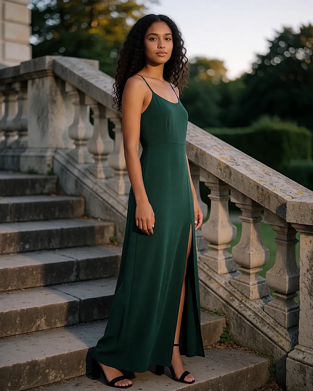 Robe fendue en crêpe vert profond portée sur des sandales à talons