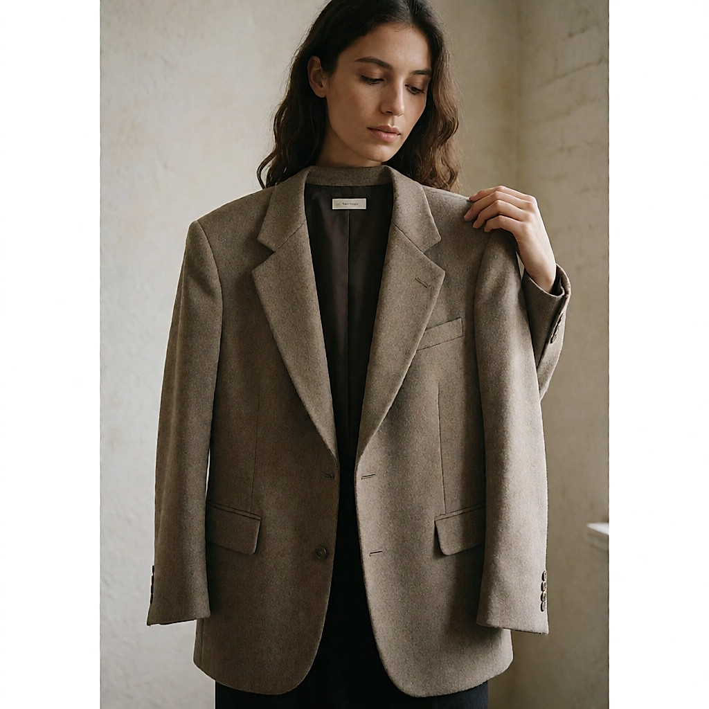 Une jeune femme examine un blazer en laine sur un portant de seconde main