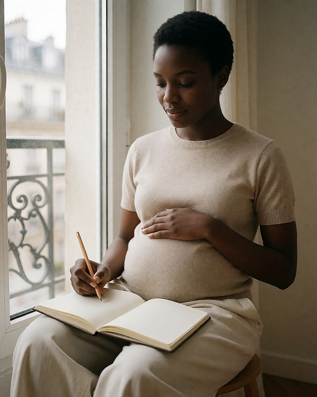 Femme enceinte noire près d'une fenêtre, un carnet ouvert sur les genoux