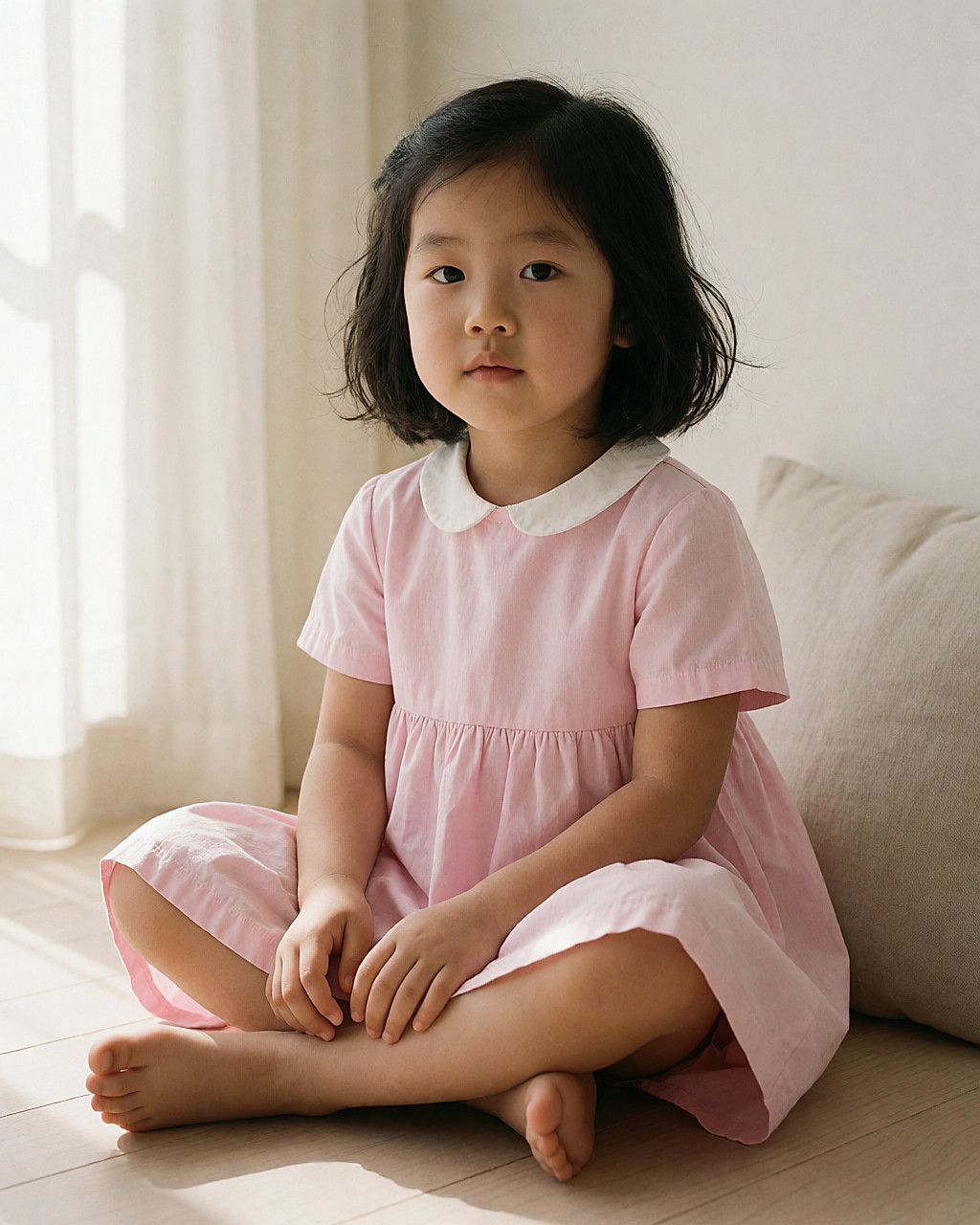 Petite fille asiatique en robe rose assise dans un salon clair