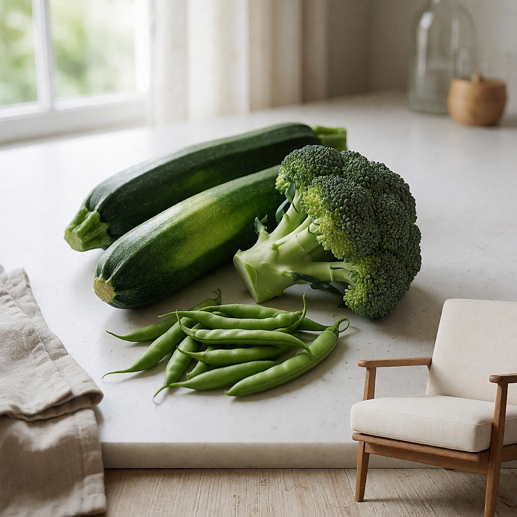 Frisches grünes Gemüse — Zucchini, Brokkoli und grüne Bohnen — auf einer Arbeitsfläche