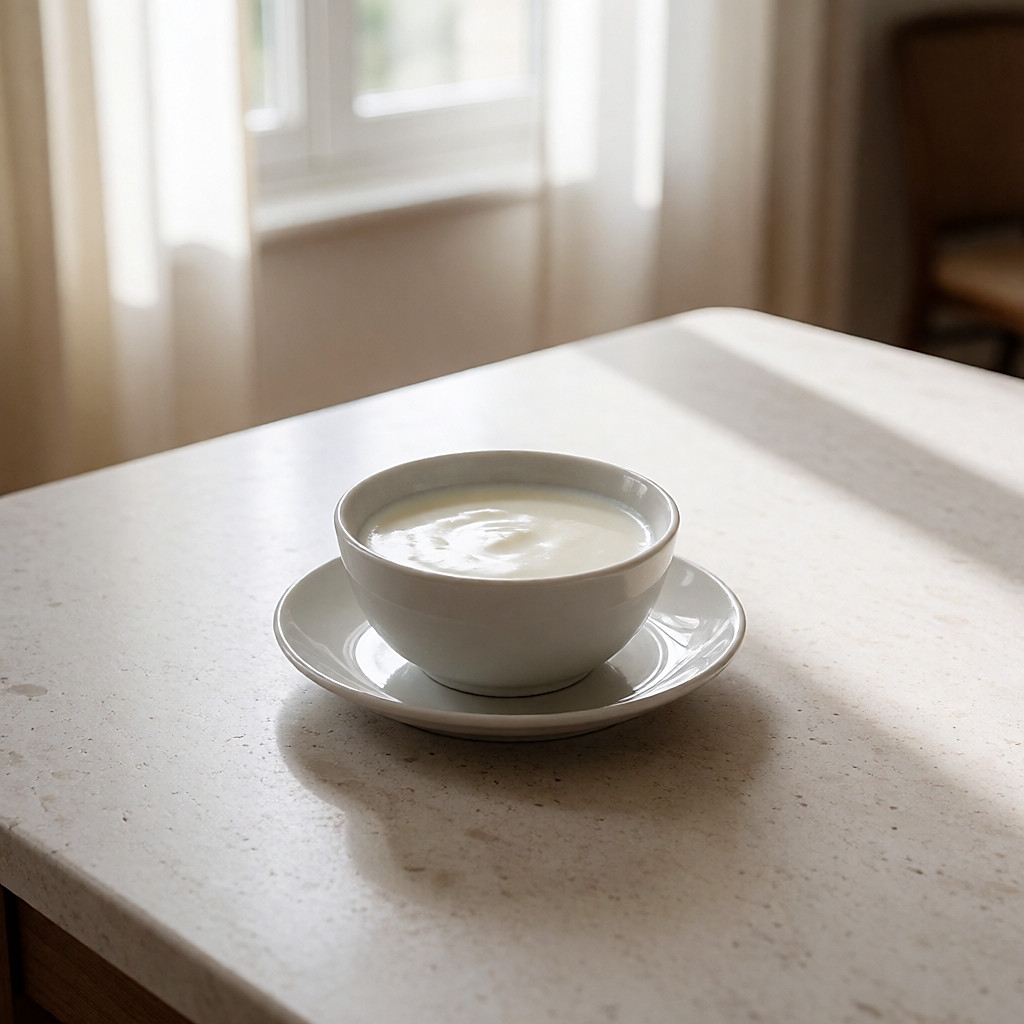 Glas Milch und eine kleine Schale Quark auf einem hellen Steintisch