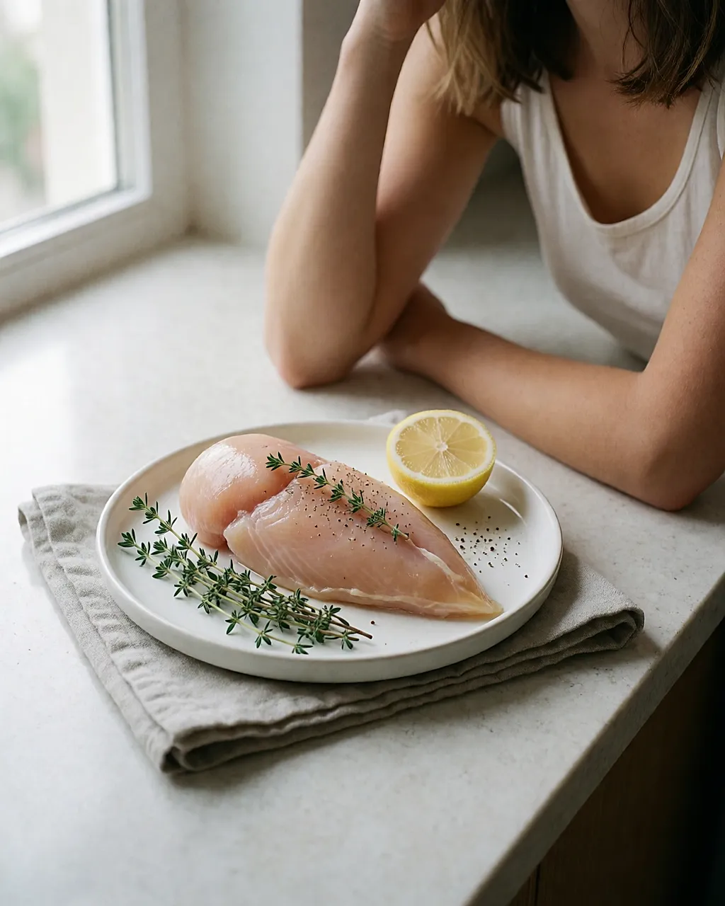 Rohes Hähnchenfilet mit Thymian und einer halben Zitrone auf einem weißen Teller