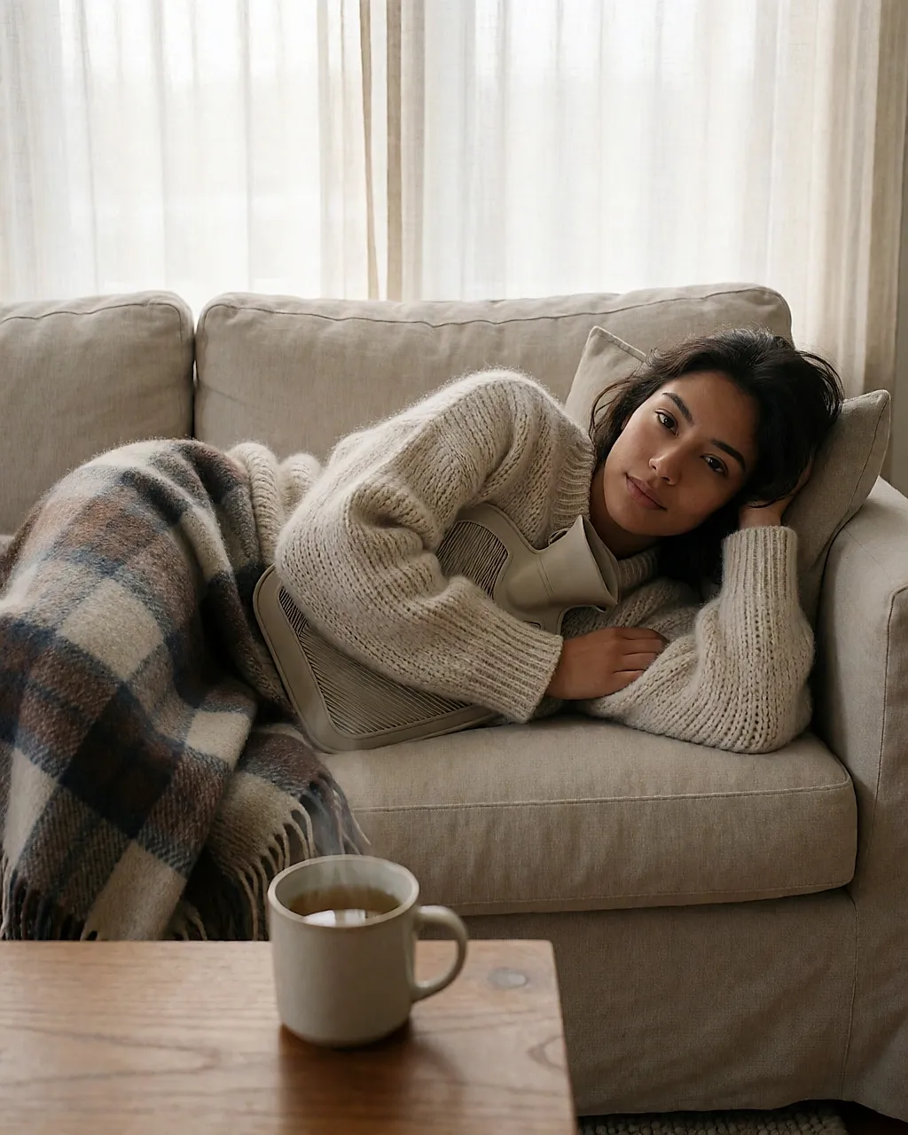 Junge Frau liegt mit Wärmflasche auf dem Bauch und Wolldecke auf dem Sofa, Tee auf dem Couchtisch