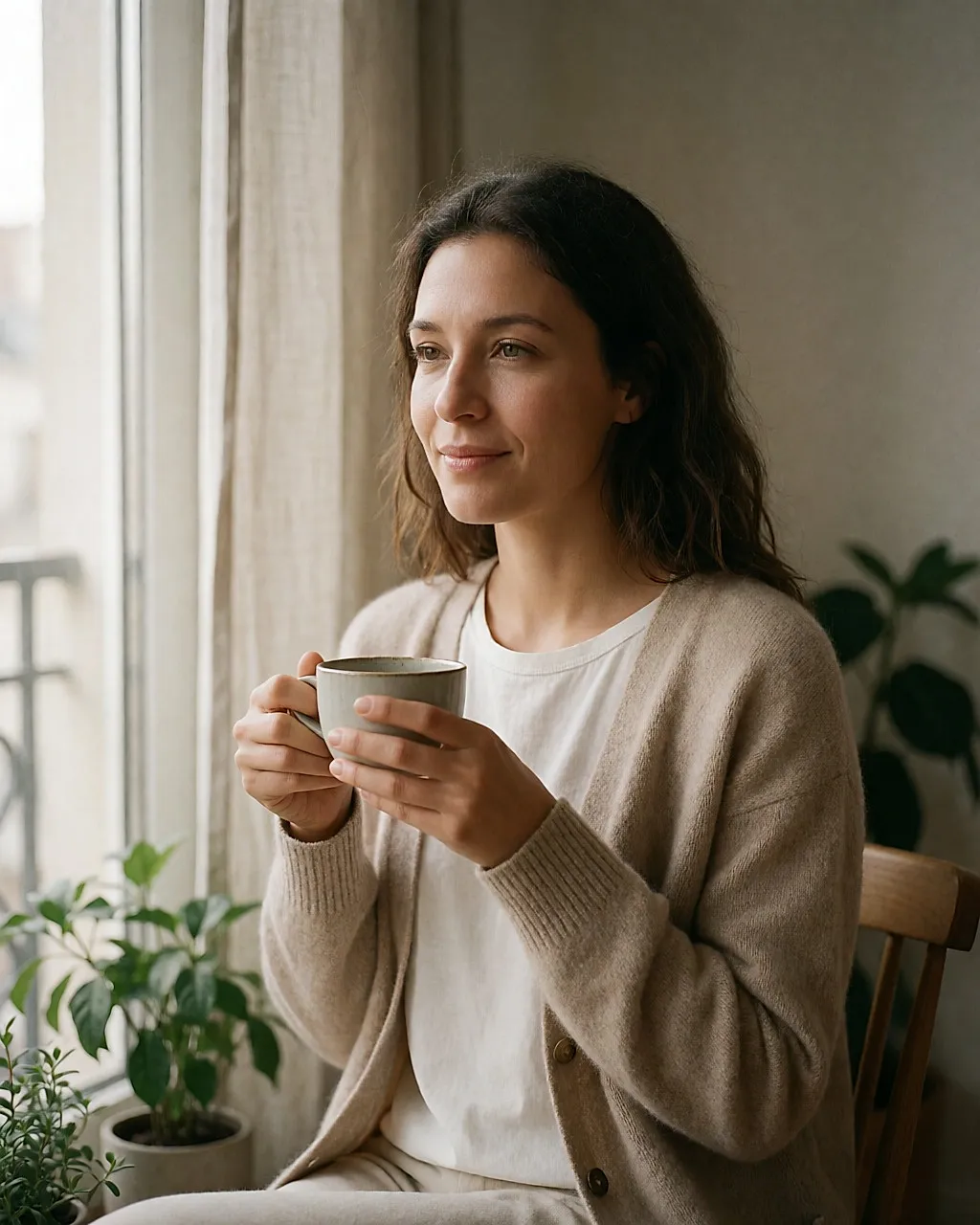 Junge Frau sitzt mit einer Tasse Kräutertee in den Händen an einem Fenster, weiches Licht