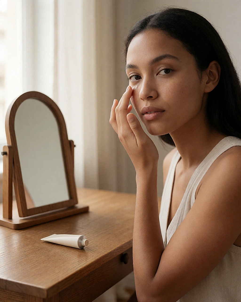 Femme métissée appliquant une crème contour des yeux avec la pulpe de l'annulaire