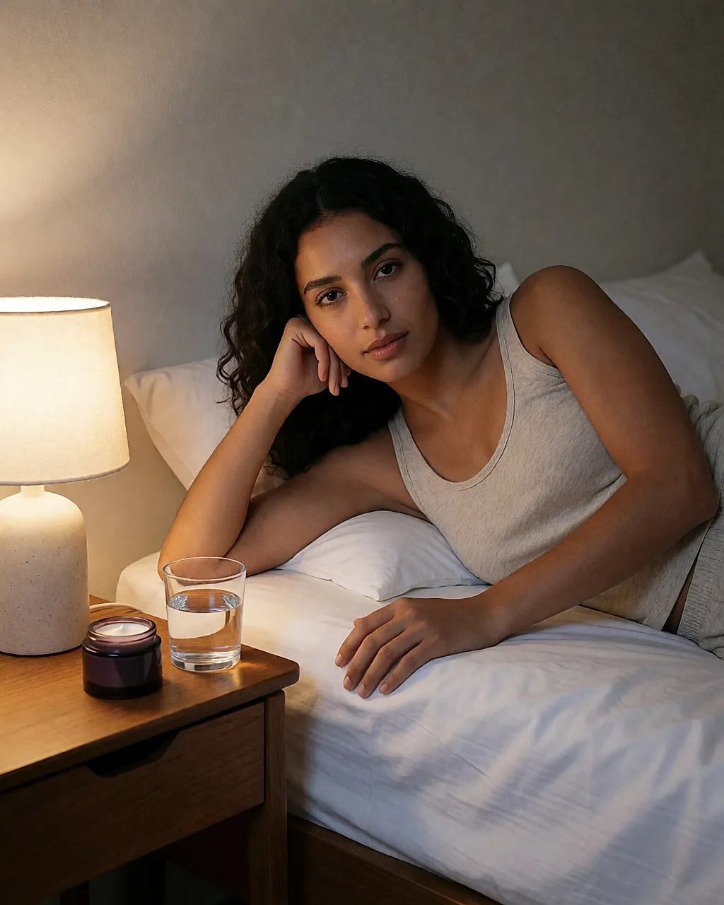 Junge Frau im Bett beim Licht einer Nachttischlampe, ein Tiegel Nachtcreme liegt neben ihr