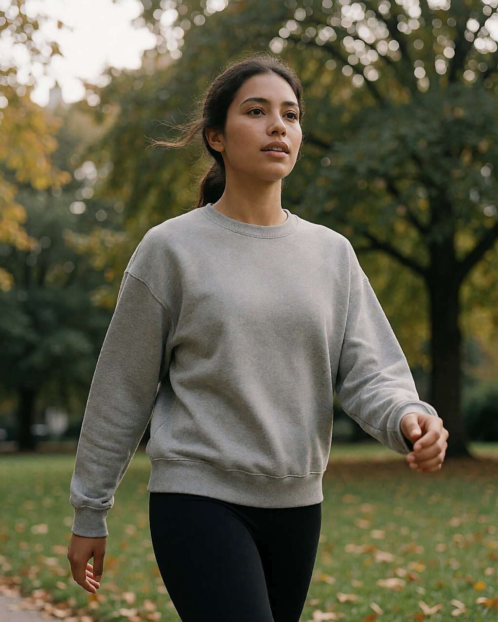 Jeune femme marchant d'un pas rapide dans un parc, matin brumeux d'automne