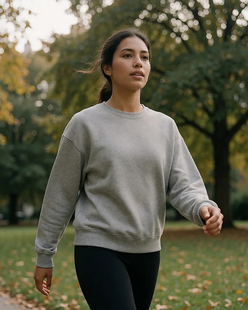 Junge Frau geht zügig durch einen Park an einem nebligen Herbstmorgen