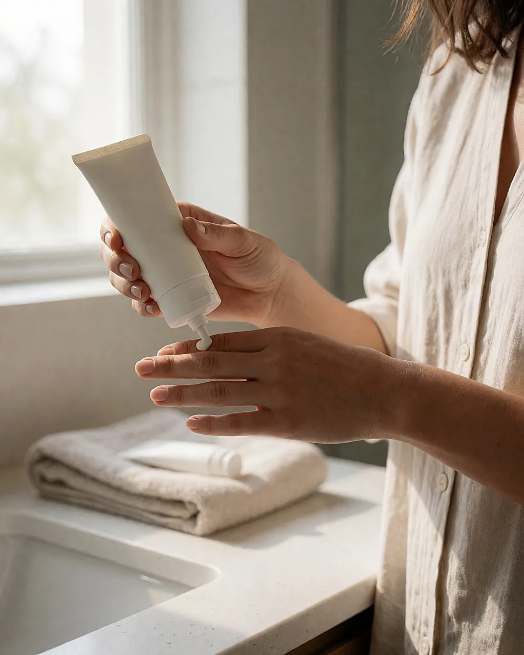 Zwei mit Sonnencreme bedeckte Finger, daneben eine Tube auf einer Badezimmerablage