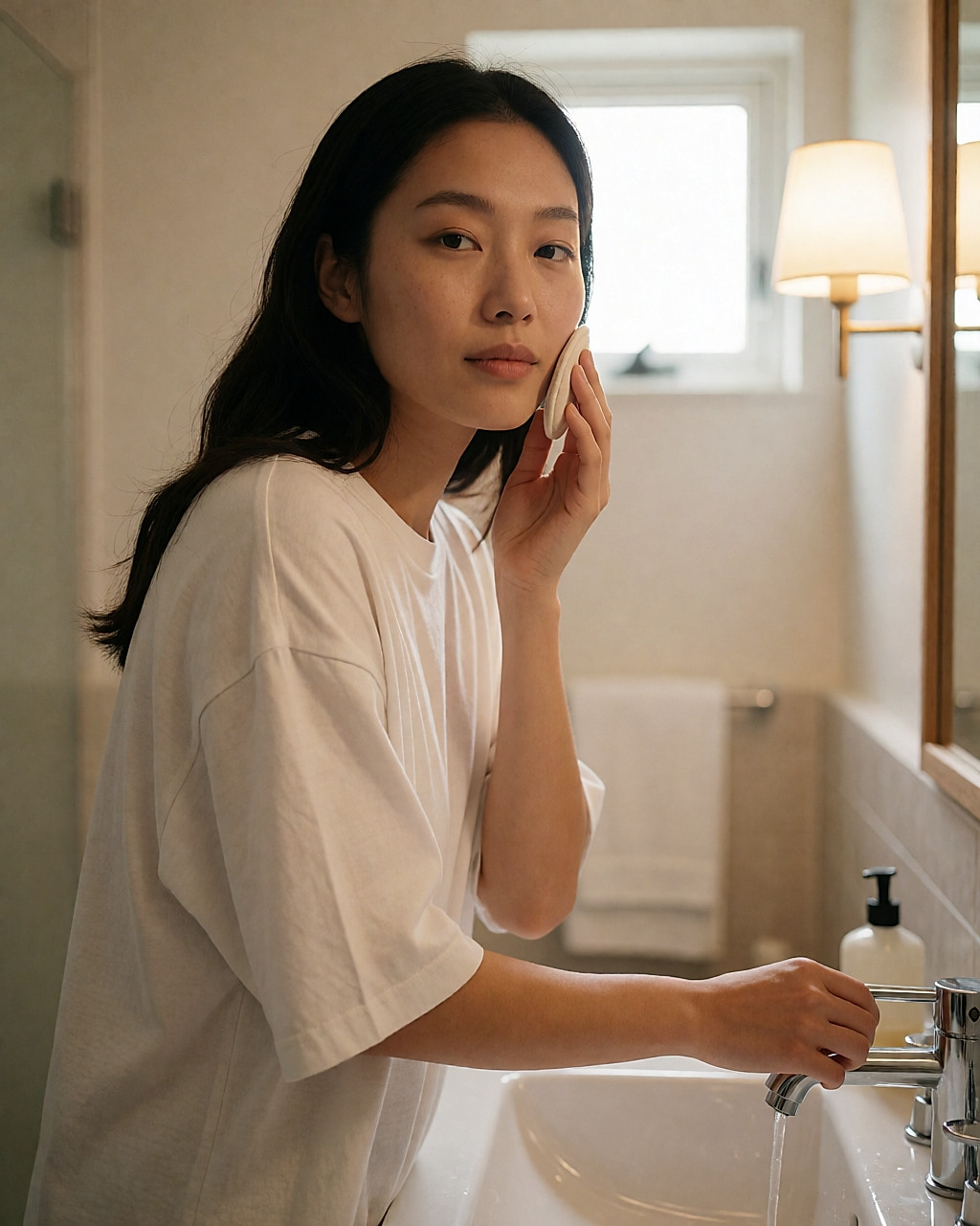 Jeune femme asiatique démaquillant sa joue avec un disque de coton lavable