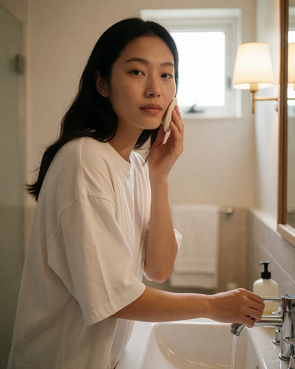 Junge asiatische Frau, die ihre Wange mit einem waschbaren Wattepad abschminkt