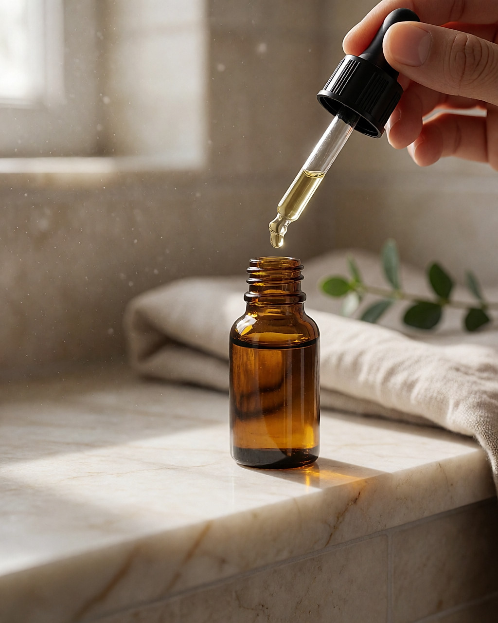 Flacon compte-gouttes en verre ambré, une goutte de sérum suspendue à la pipette