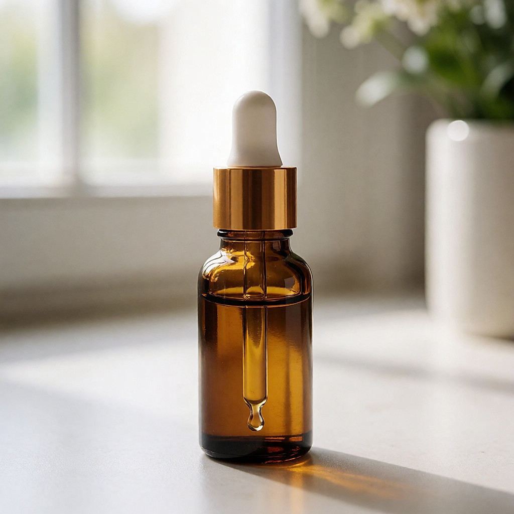 Bernsteinfarbene Glasflasche mit Pipette, ein Tropfen Serum hängt an der Pipette