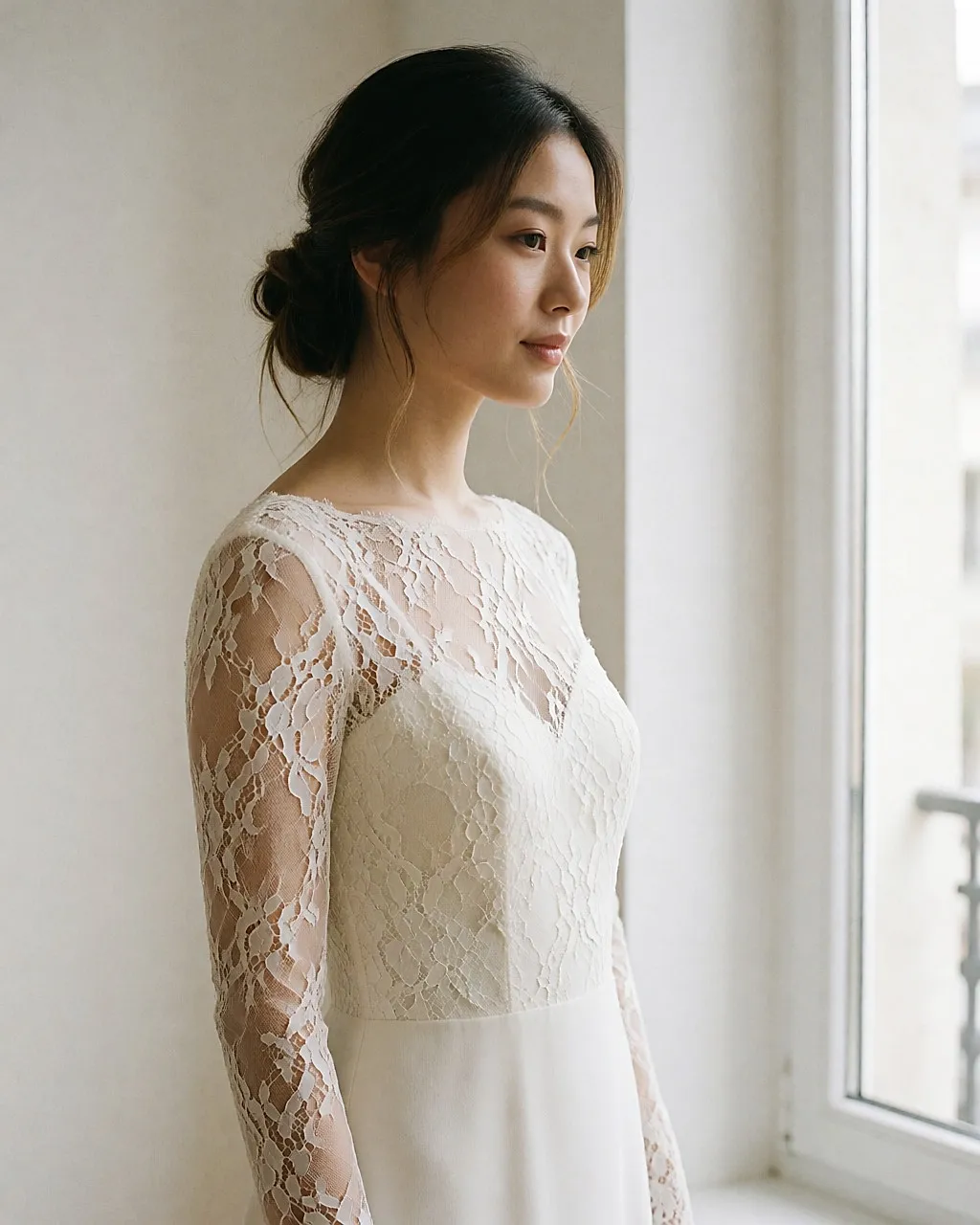 Asiatische Braut im Profil, elfenbeinfarbenes Kleid mit Spitzeneinsatz und langen Ärmeln, an einem Fenster