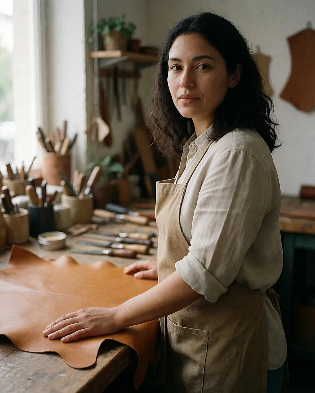 Artesana en un taller de marroquinería, con la mano sobre un cuero curtido al vegetal