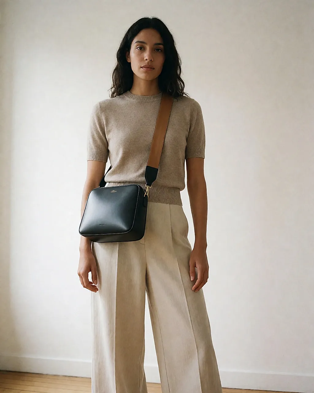 Mujer con pantalón ancho y un bolso negro de bandolera camel, plano general