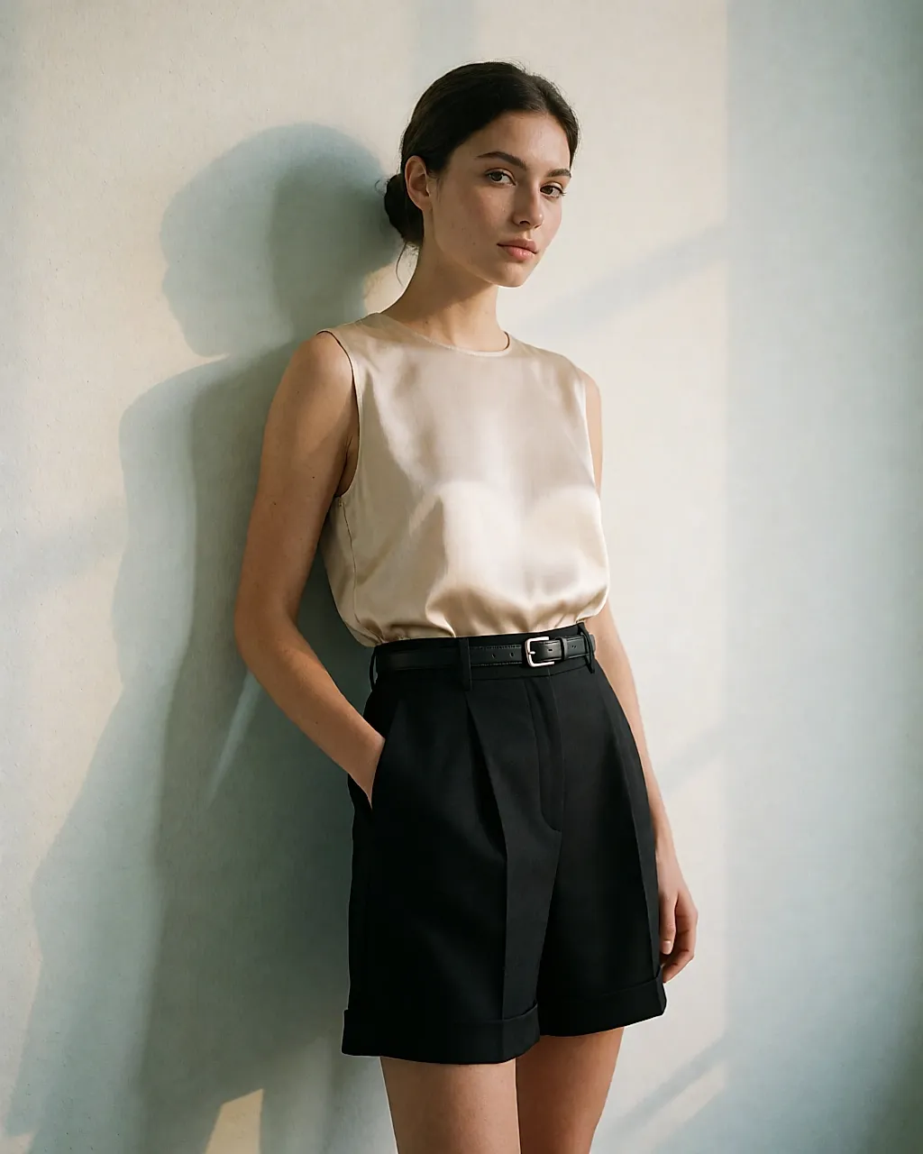 Short sastre negro de talle alto con pinzas y vuelta, combinado con un top de seda por dentro