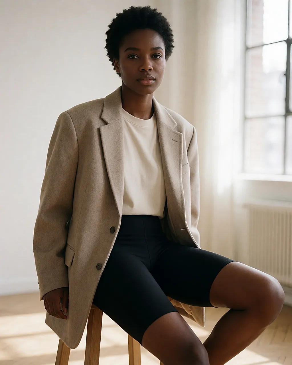 Short ciclista negro a medio muslo en punto denso, llevado bajo un blazer oversize beis